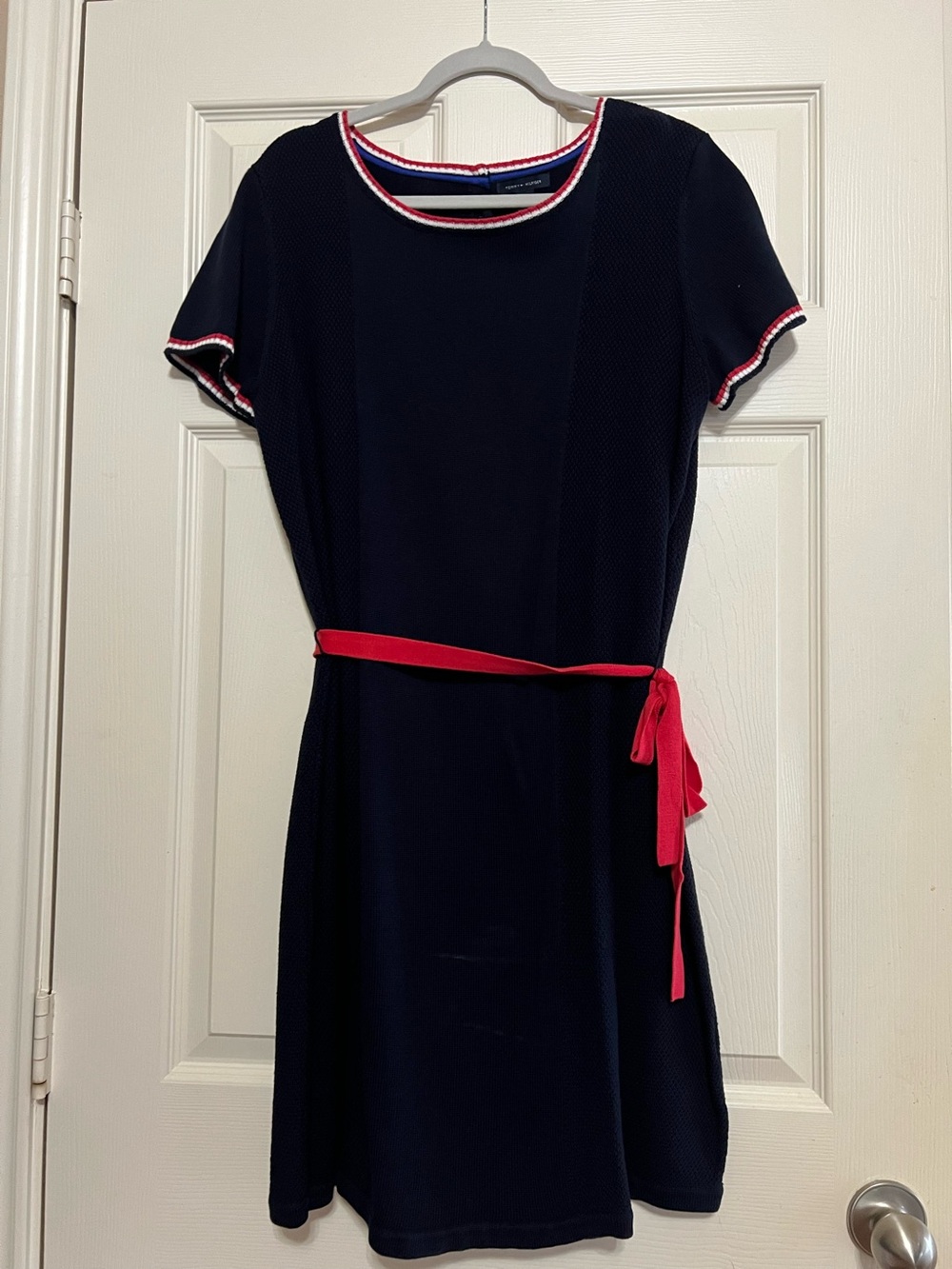 Tommy Hilfiger Navy Knit Mini Dress with Red Trim and Red Tie